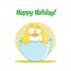 Happy holiday shy chick in egg yellow backround, decals stickers