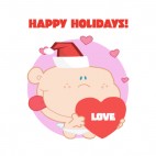 Happy holidays Cupid with santa hat holding heart , decals stickers