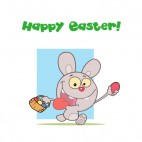 Happy easter grey rabbit running with egg basket , decals stickers