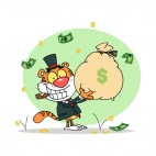 Tiger in suit with cigar in mouth holding bag of money , decals stickers