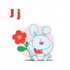 Alphabet J  bunny holding red flower pink backround, decals stickers