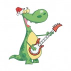 Green dinosaur with santa hat playing guitar, decals stickers