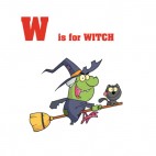 Alphabet W is for witch witch flying on broom with cat , decals stickers