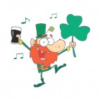 Leprechaun holding shamrock and glass of beer dancing, decals stickers