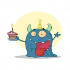 Blue monster celebrating birthday with cake , decals stickers