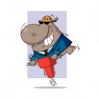 Hippo in suit with jackhammer blue backround, decals stickers