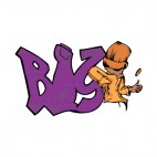 Purple bis word graffiti with man flipping coin, decals stickers