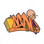 Orange mad word graffiti with weird man drawing, decals stickers