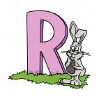 Alphabet pink letter R grey rabbit with weird face, decals stickers