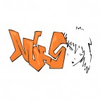 Orange word graffiti with woman face drawing, decals stickers