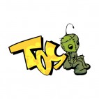 Tellow tos word graffiti with green plush drawing, decals stickers