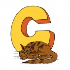 Alphabet yellow letter C brown cat laying down, decals stickers
