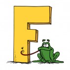 Alphabet yellow letter F green frog catching fly, decals stickers