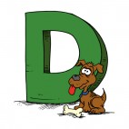 Alphabet green letter D brown dog with bone, decals stickers