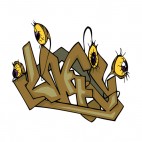 Brown word graffiti with eyes drawing, decals stickers