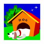 Sad dog sleeping in dog house at night, decals stickers