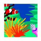 Red clownfishes near aquatic plants and seaweeds, decals stickers