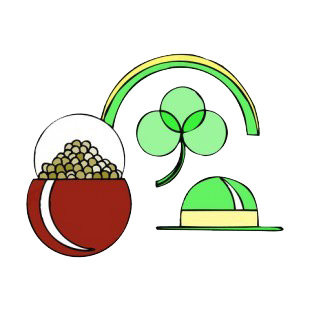 Pot of gold with rainbow  Shamrock and Derby hat listed in saint patrick's day decals.