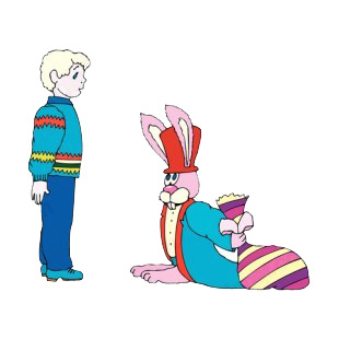 Boy and bunny with gifts listed in easter decals.