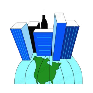 City and skyscrapers with globe listed in buildings decals.