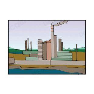 Factory smoke near water listed in buildings decals.