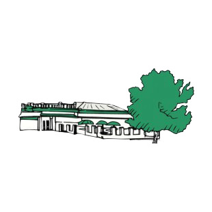 Restaurant with terrace and big green tree listed in buildings decals.