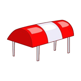 Red and white awning listed in buildings decals.