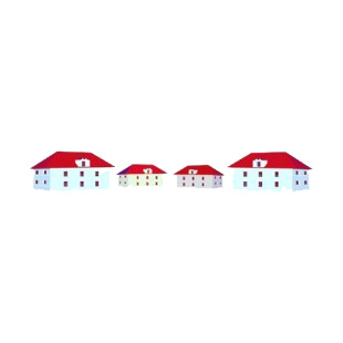 Houses with red roofs listed in buildings decals.