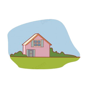 Pink house with bushes around listed in buildings decals.