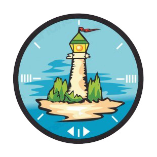 Lighthouse and trees surrounded by water listed in buildings decals.