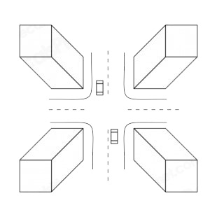 Sky view of intersection with buildings  listed in buildings decals.