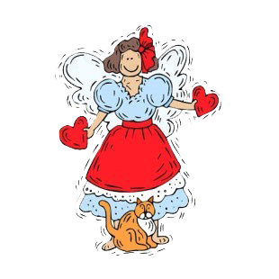Angel with blue and red dress holding hearts with cat listed in angels decals.