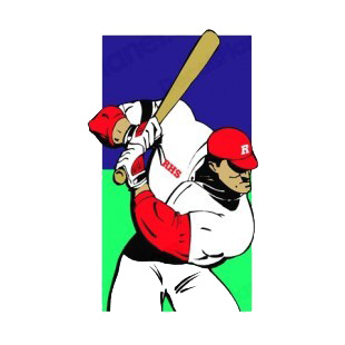 Batter with big muscles listed in baseball and softball decals.