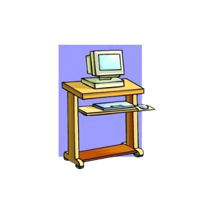 Computer desk with computer and keyboard listed in business decals.