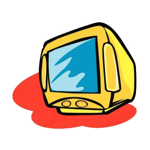 Yellow CRT monitor with built in speakers listed in business decals.
