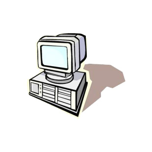 Computer tower with CRT monitor on top listed in business decals.