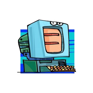 Computer with monitor on top of tower listed in business decals.