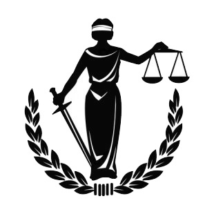 Law of justice women with knife and balance listed in business decals.