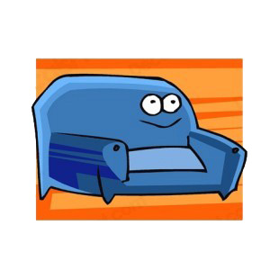 Smiling blue couch listed in business decals.