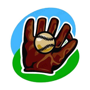 Brown baseball glove with ball listed in baseball and softball decals.