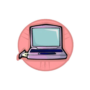 Pink laptop with open disc tray listed in business decals.