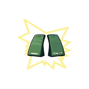 Brand new green computer speakers listed in business decals.
