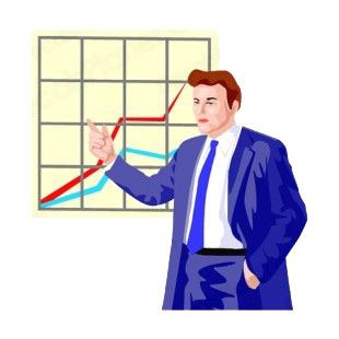 Men in blue suit explaining business chart listed in business decals.