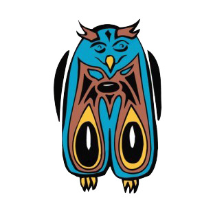 Blue and brown owl with yellow and black drawing figure listed in figures and artifacts decals.