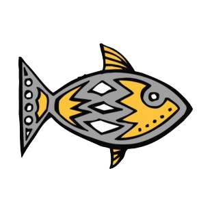 Grey fish with yellow and white drawing figure listed in figures and artifacts decals.