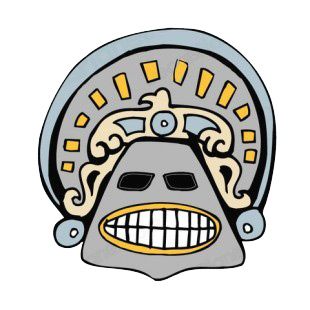 Grey and yellow smiling inca mask listed in figures and artifacts decals.