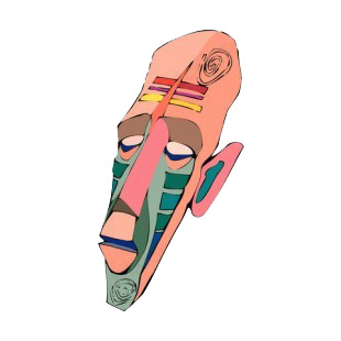 Pink with multi colored drawing aboriginal mask listed in figures and artifacts decals.