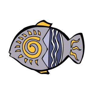 Grey and blue fish with yellow and white drawing figure listed in figures and artifacts decals.