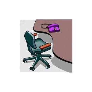 Green armchair on wheels with purple phone on desk listed in business decals.