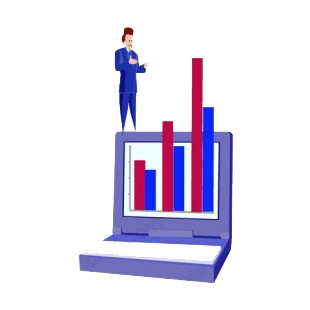 Man and laptop with blue and brown bar graph listed in business decals.